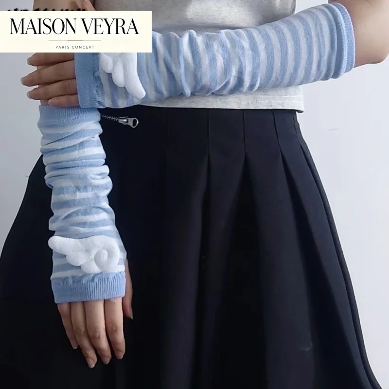 contrast-color-stripe-arm-warmer-women-gloves-stylish-hand-y2k-aesthetic-crochet-knitting-wing-japanese-​punk-gothic-fingerless