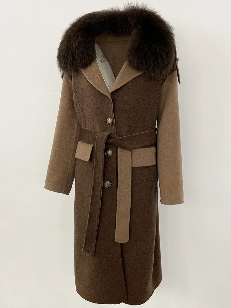 2025 nova moda outono inverno roupas femininas real pele de raposa jaqueta de lã feminino longo retalhos dupla face casaco de caxemira de lã