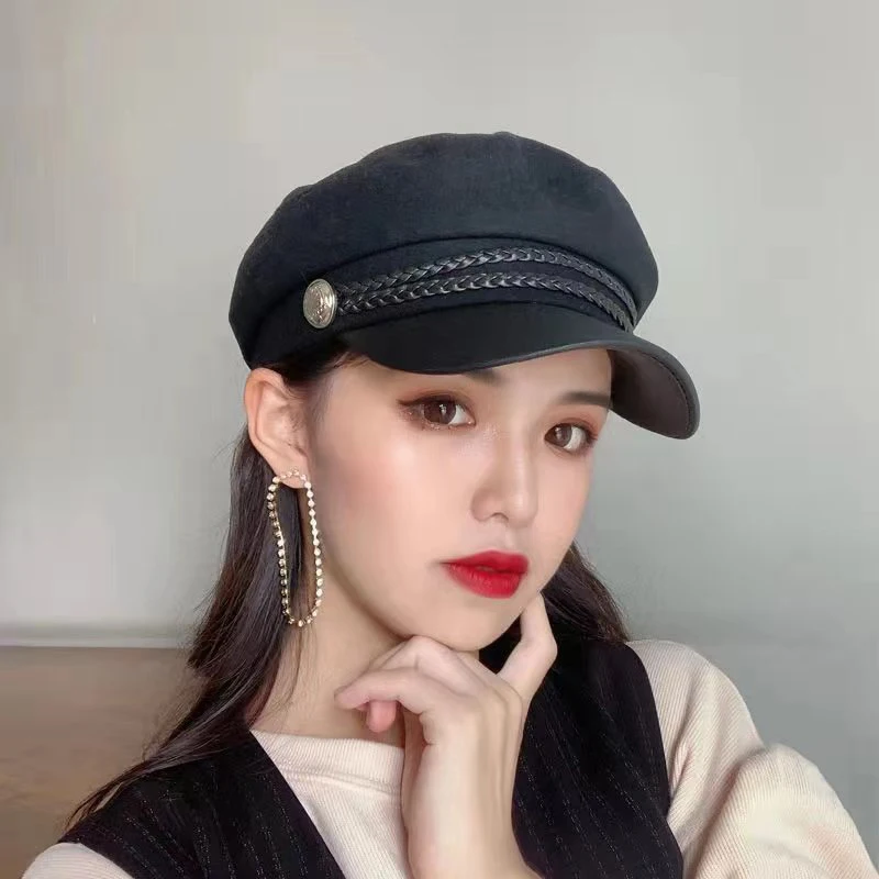 New Autumn Winter Black Military Beret Women's Flat Horn Military Cap Women's Cap Travel Driving Cap Women's Painter's