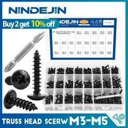 NINDEJIN 401pcs Cross Truss Head Self Tapping Screw Set Black Plated Mushroom Head Phillips Screw Assortment Kit Woodworking