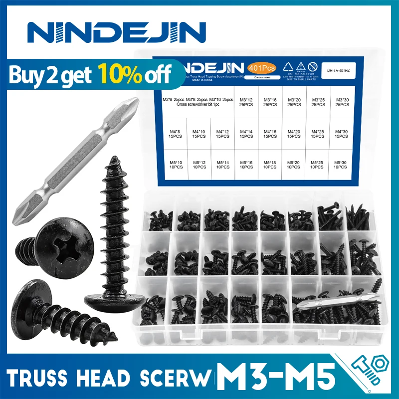 NINDEJIN 401pcs Cross Truss Head Self Tapping Screw Set Black Plated Mushroom Head Phillips Screw Assortment Kit Woodworking