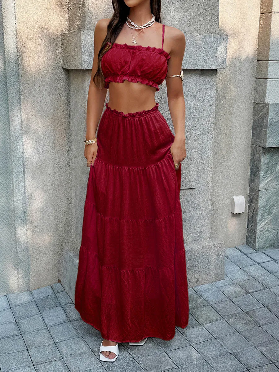 

2026 New Women Red Two Piece Set Women's Matching Sets Spaghetti Strap Ruffled Crop Top Tiered Maxi Skirt Beach Summer Outfits