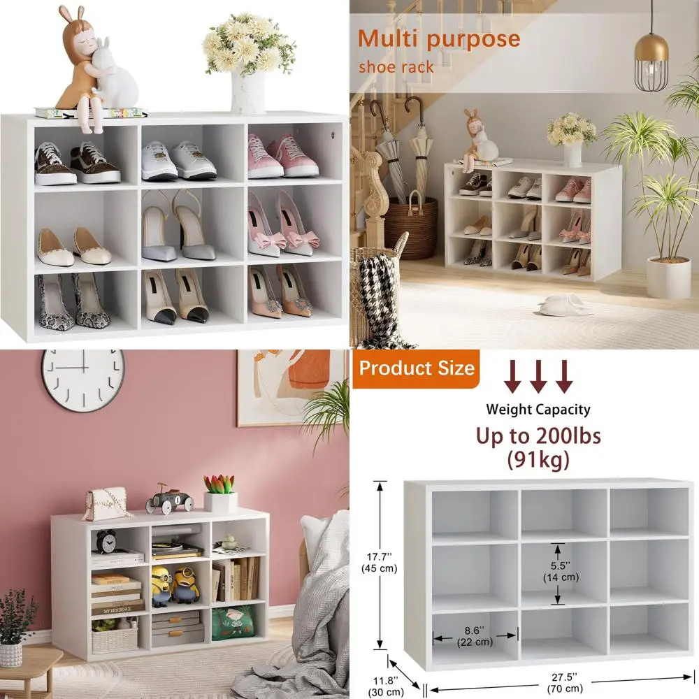 

3-Tier Wooden Shoe Storage Bench with 9 Cubbies, Organizer Rack for Entryway, Hallway, Closet, Garage - White