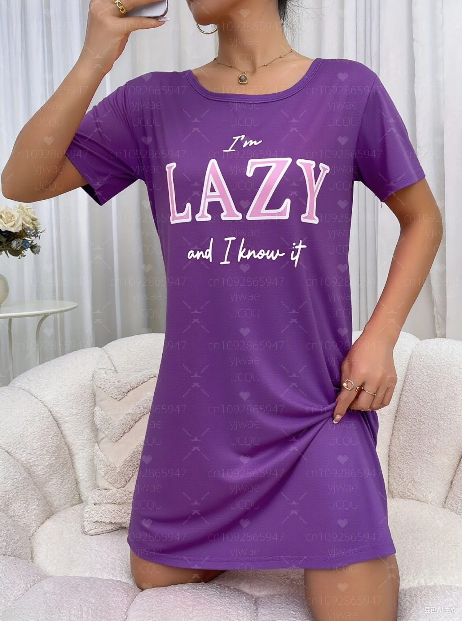 2025 Summer  Women T-Shirt Dress Loose Casual l'm lazy Printed O-Neck Lady Short Sleeve Pullover Dresses Women Clothing