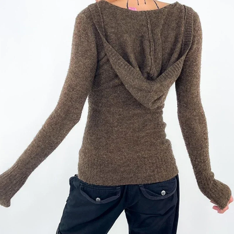 Y2K Brown V-neck Hooded Sweater Vintage Basic Slim Button Up Knitted Pullovers Autumn Casual Streetwear Outfits Lady