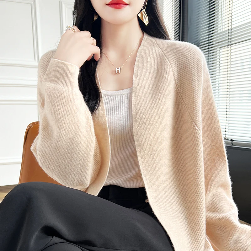 S-XXL 100% pure wool cardigan sweater women\'s knitted loose and comfortable women\'s V-neck new long sleeved wool jacket sweater