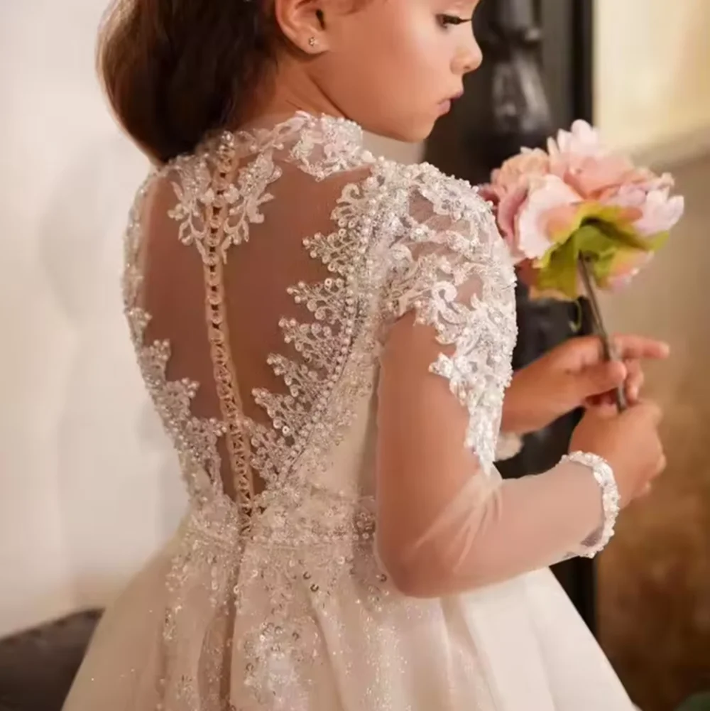 Vestido de menina flor com lantejoulas e miçangas para crianças, festa de aniversário, casamento, primeira comunhão, vestidos de manga completa