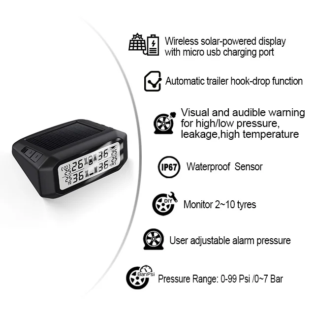 Universal Solar Charging Digital Monitoring externa TPMS Tire Pressure Sensor system gauge