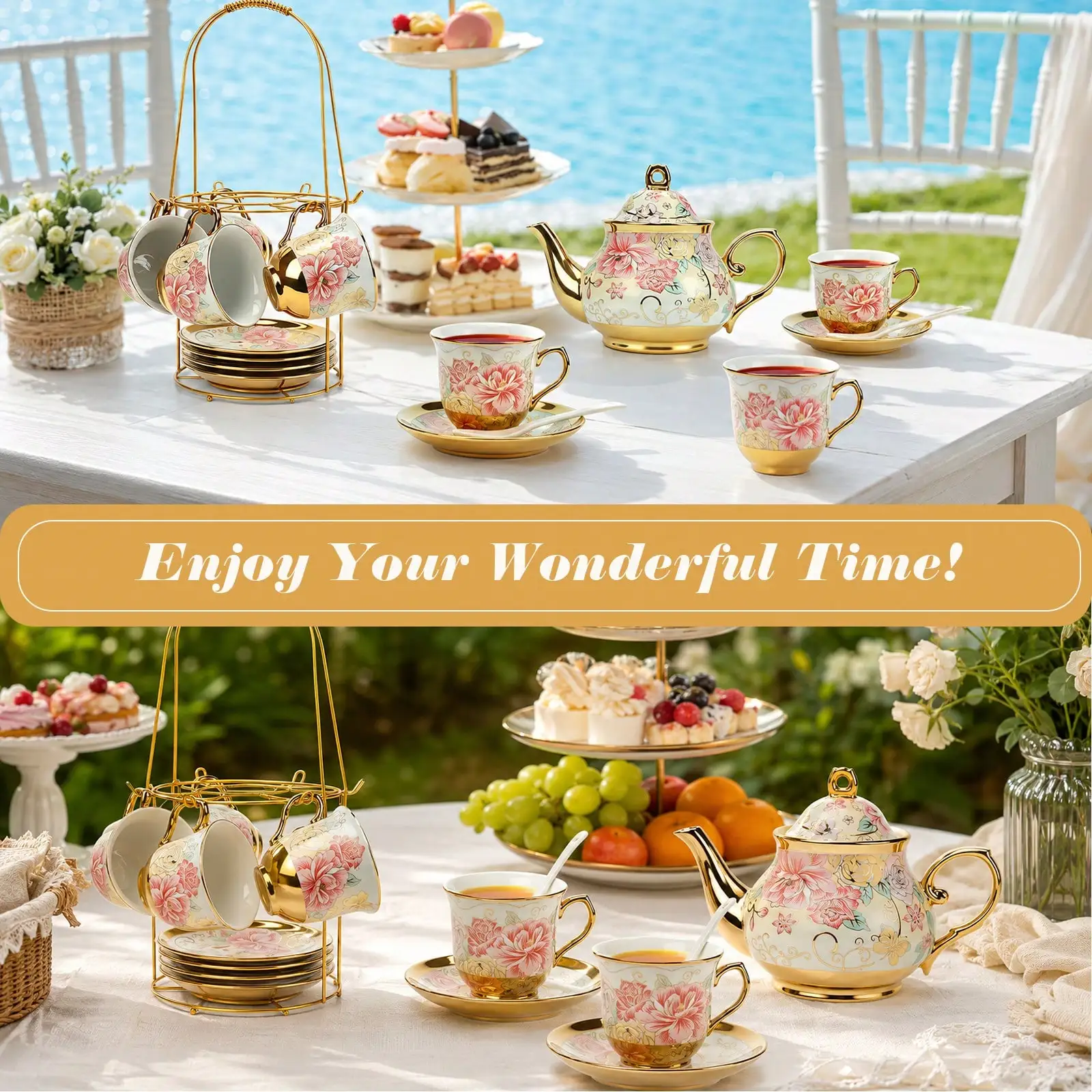 20-Piece European Porcelain Tea Set With Metal Stand & Pink Flower Painting - Elegant Tea Service For Adults, Ideal Gift For Spring Outing, Easter Party & Home Decor (Large)