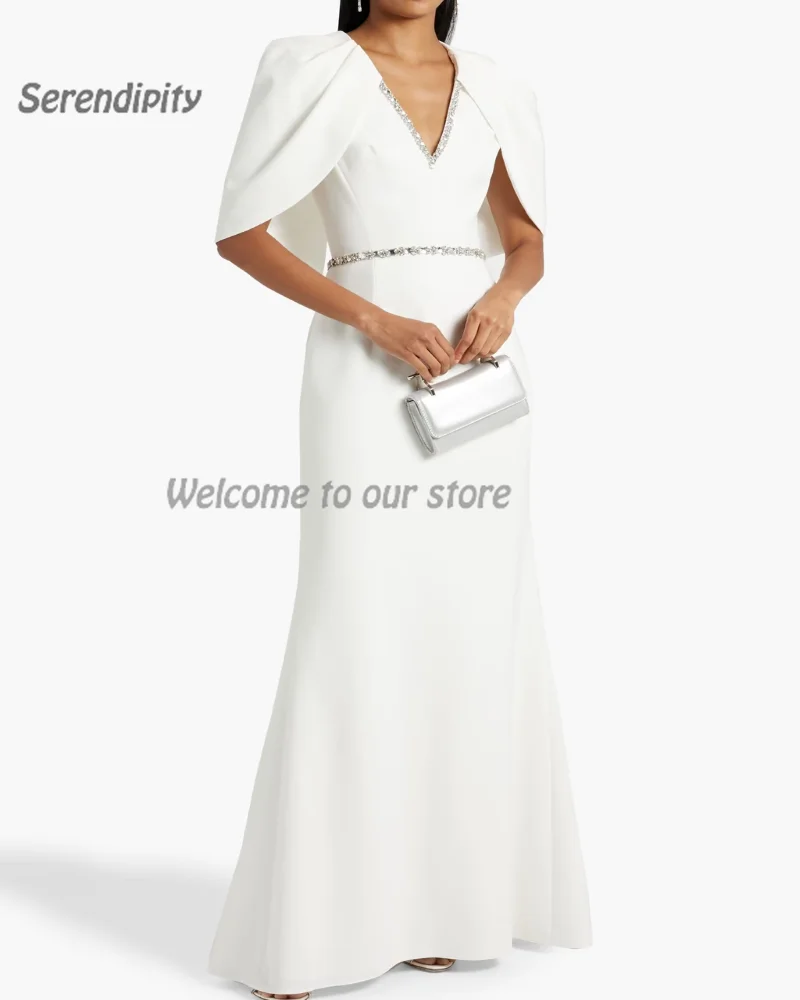 

Serendipity Simple Trumpet Prom Gown Floor-Length Elegant Crystal Cape-effect Embellished Crepe Bridal Gown For Sexy Women