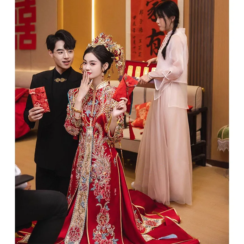 Cheongsam Oriental Vintage Toast Exquisite Phoenix Stickerei Heiraten Kleidung Traditionelle Chinesische Braut Quasten Hochzeitskleid