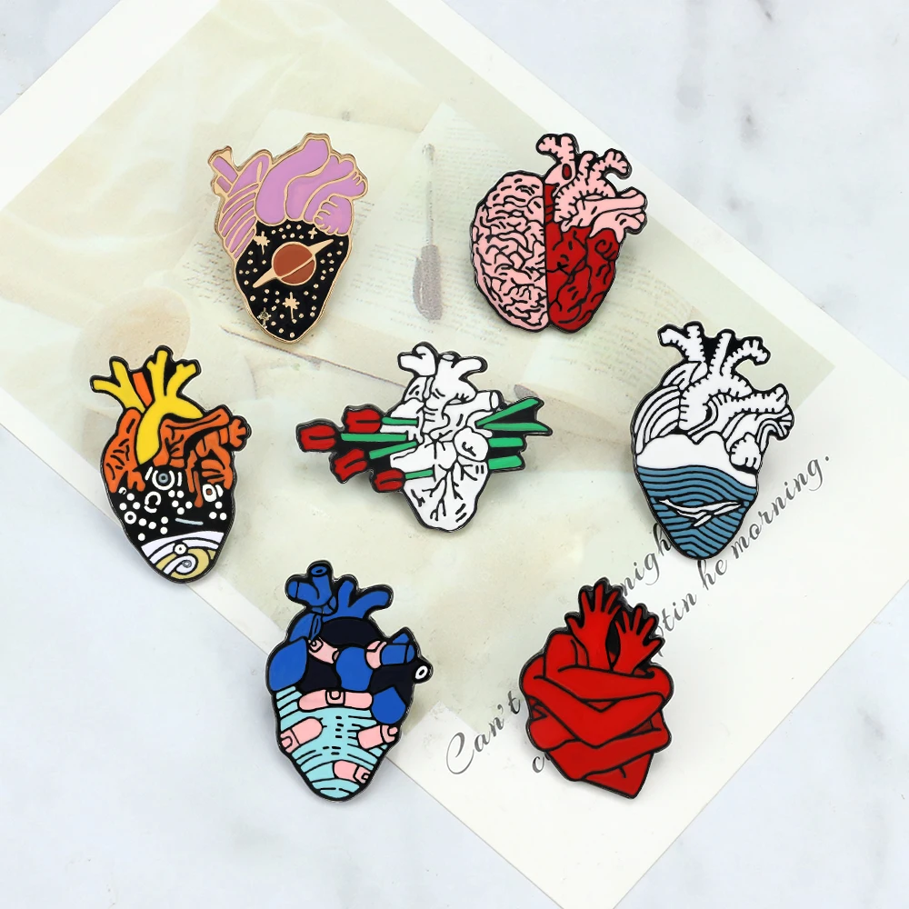 5~9Pcs/Set Organs Heart Brooches Creative Origami Animal Lapel Badge Flower Car Dinosaur Dog Paw Pencil Metal Enamel Pin Jewelry