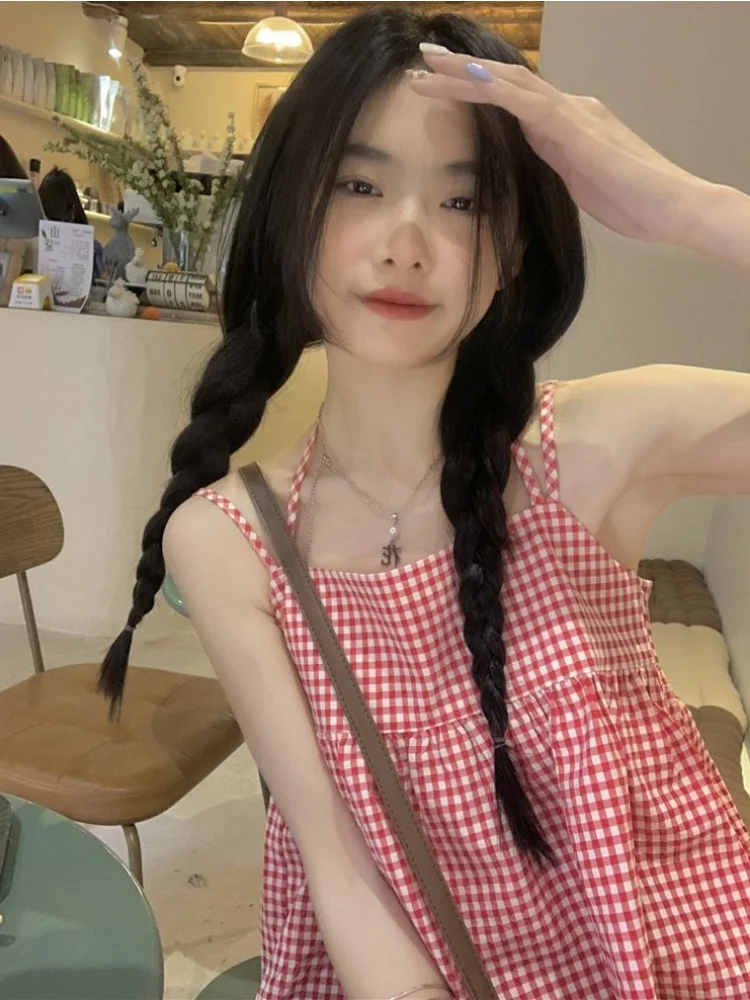 Red Plaid Camisole Women Backless Hotsweet Bandage All-match Loose College Personality Chic Summer Korean Style Fashion Ulzzang