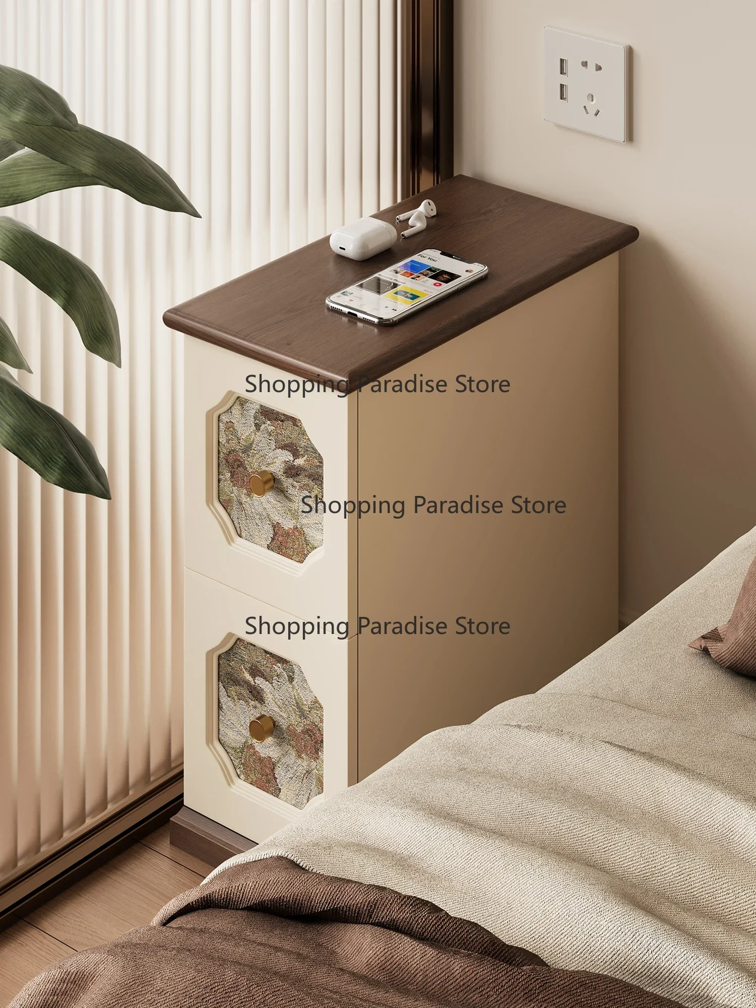 Retro Style Solid Wood Printing Bedside Narrow Small Locker Niches for Bedroom Classic Wooden Nightstand with Unique Design