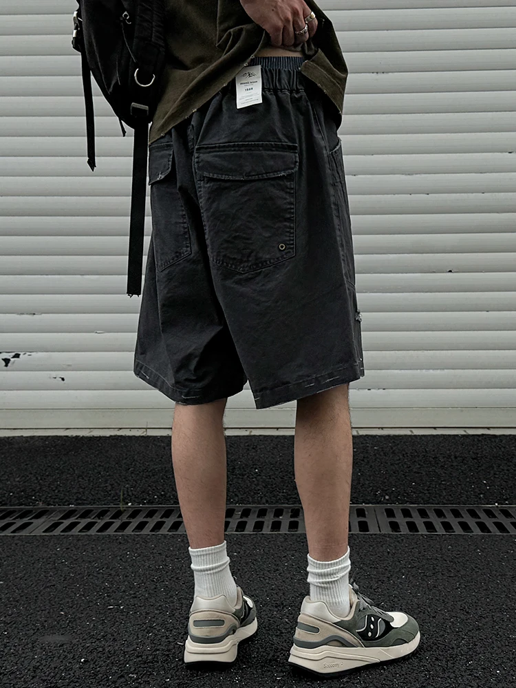 Japanese Vintage 100% Cotton Heavyweight Cargo Shorts Men Splatter Distressed Loose Fit Mid-Length Streetwear Summer Premium