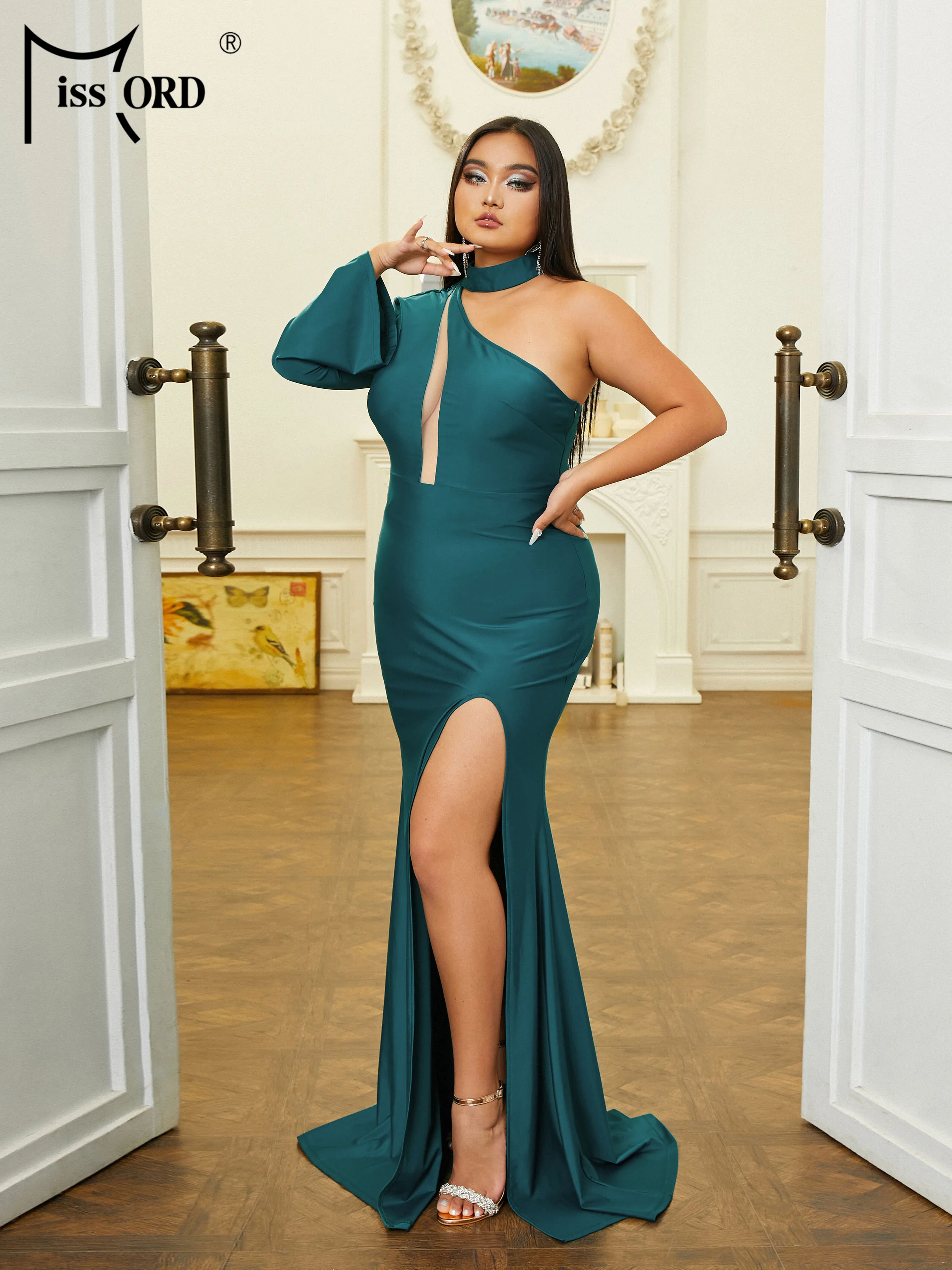 Missord New Plus Size Elegant Party Dresses For Women 2024 Green Asymmetric Split Cutout Evening Prom Dress