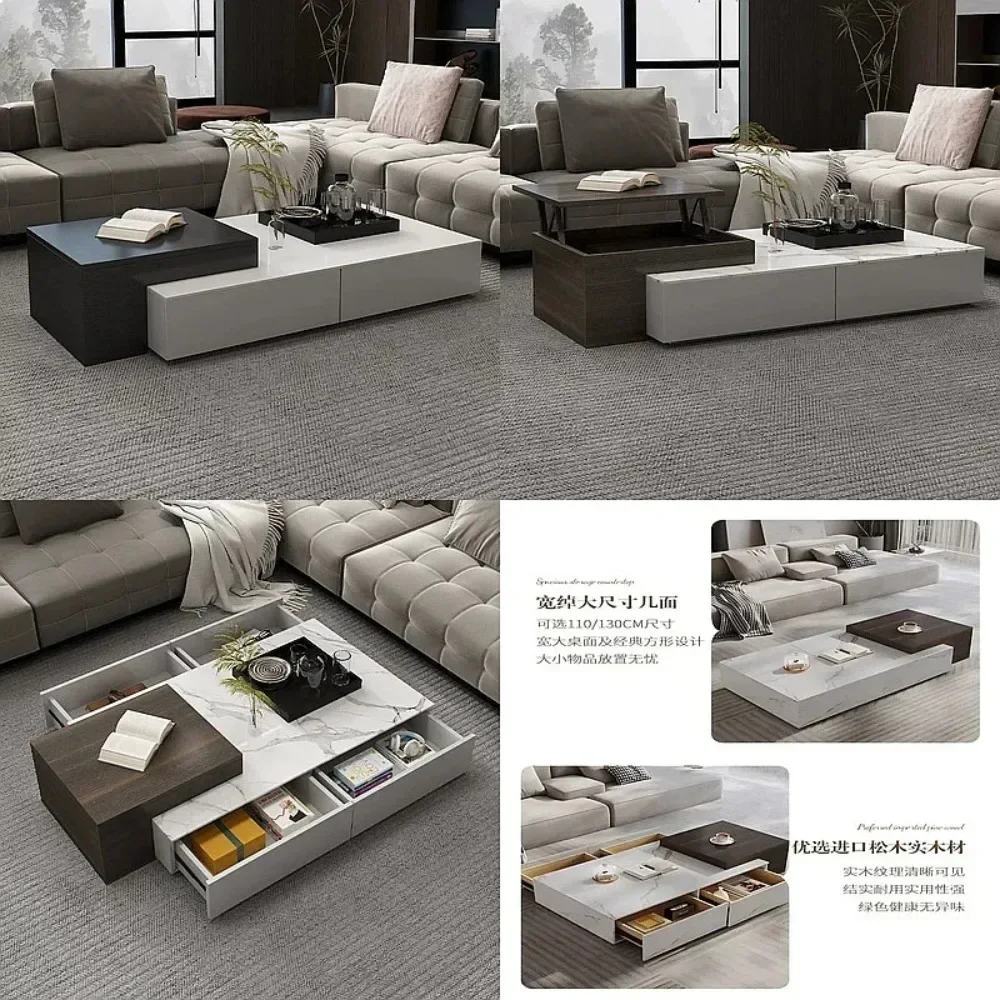 WQ Extendable Sintered Stone Coffee Table with Smoked Wood Italian Minimalist Luxury Villa Design