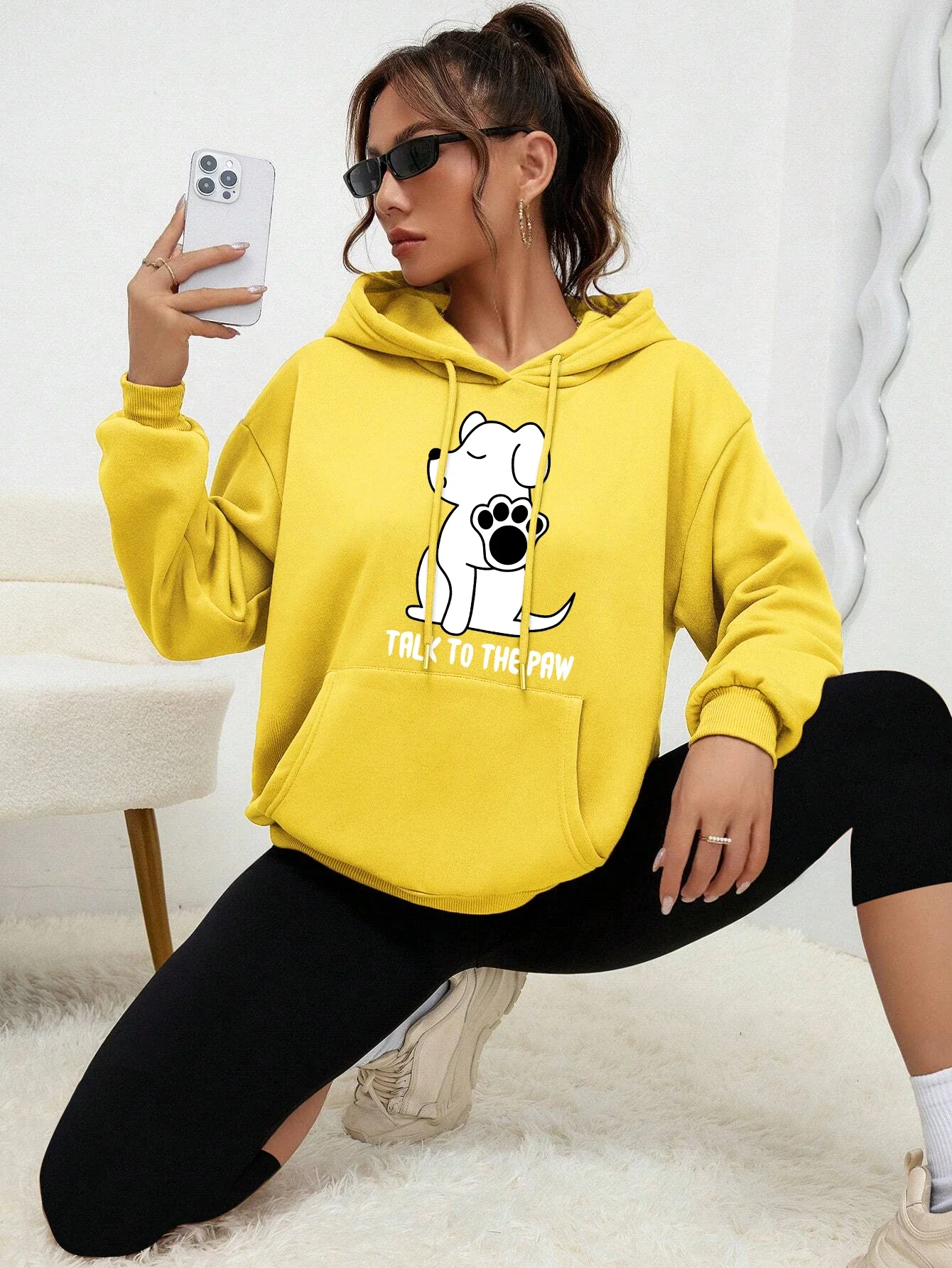 Habla a la pata divertido perro estampado mujeres con capucha moda Kawaii sudaderas con capucha otoño cuello redondo cálido Sudadera con capucha Casual calle ropa básica