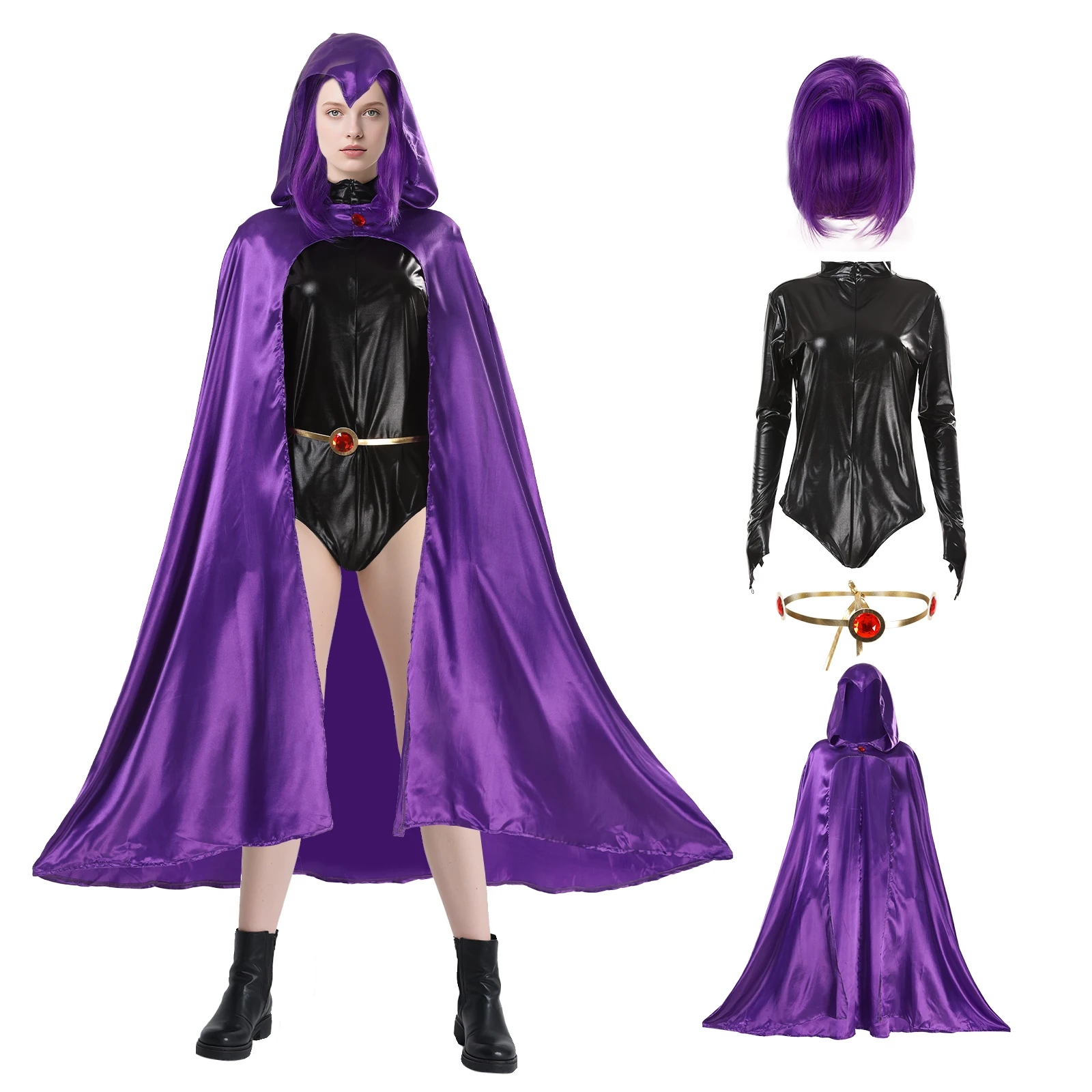 

Raven Cosplay Costume Set Deluxe Jumpsuit Belt Cloak With Wig Halloween Uniform Cosplay Costume for Women