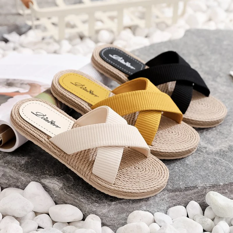 Fashion Beach Faux Cane Slippers Women Flat Heel Outdoor Summer Slides Canvas Sewing Cross Strap Ladies Shoes Female Sandals