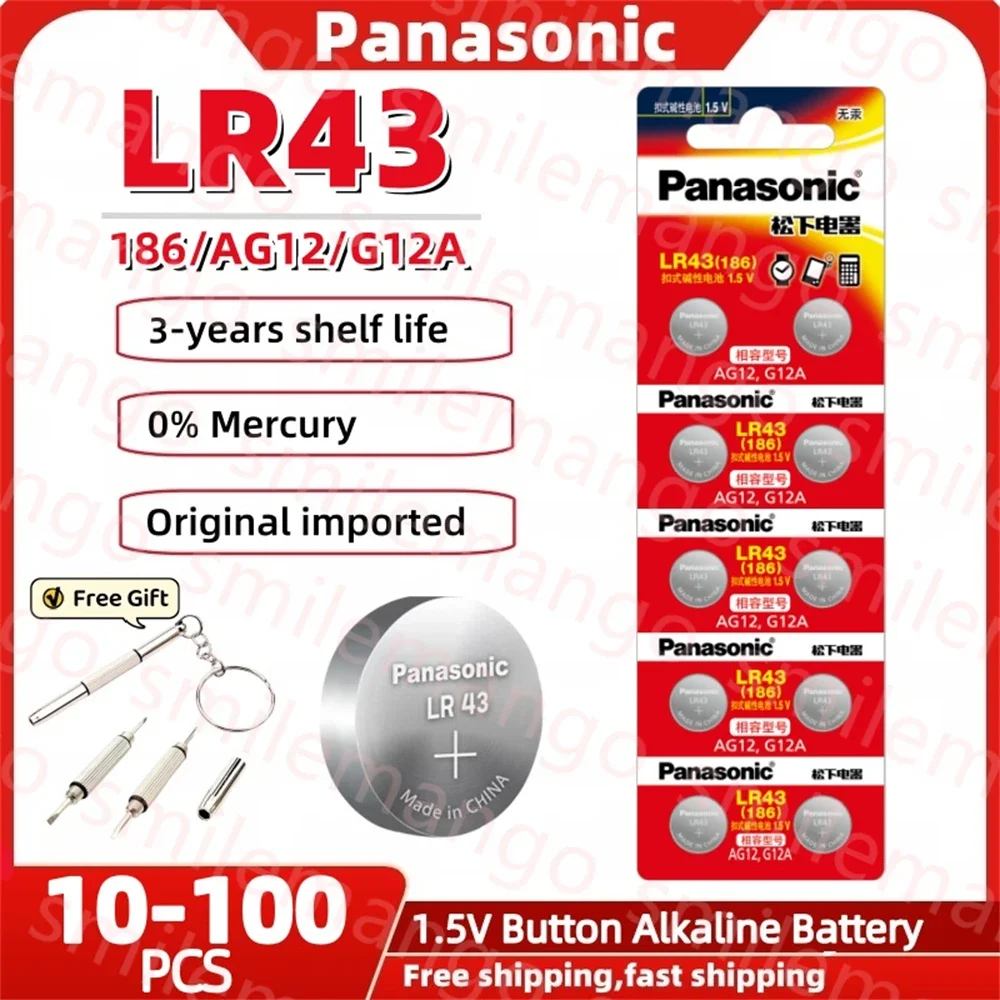 10-100PCS Panasonic 1.5V AG12 LR43 Alkaline battery SR43 186 386 Button Batteries SR43W Cell Coin Watch Toys Remote Battery