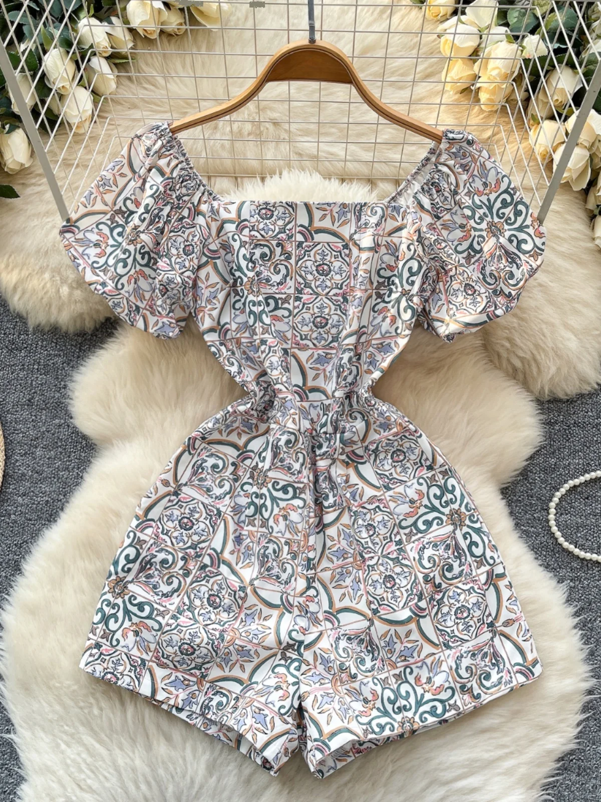

Vintage Floral Print Bubble Sve Jumpsuit Women's Slimming Design High Waist ort Pants Straight Cut Commute Sle Regular...