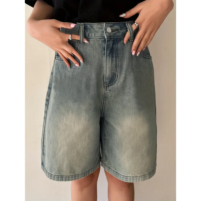 Damen Shorts Sommer blau Jeans mit hoher Taille y2k gerade plus Größe klassische Freizeit hose Streetwear Vintage Jeans shorts mit weitem Bein