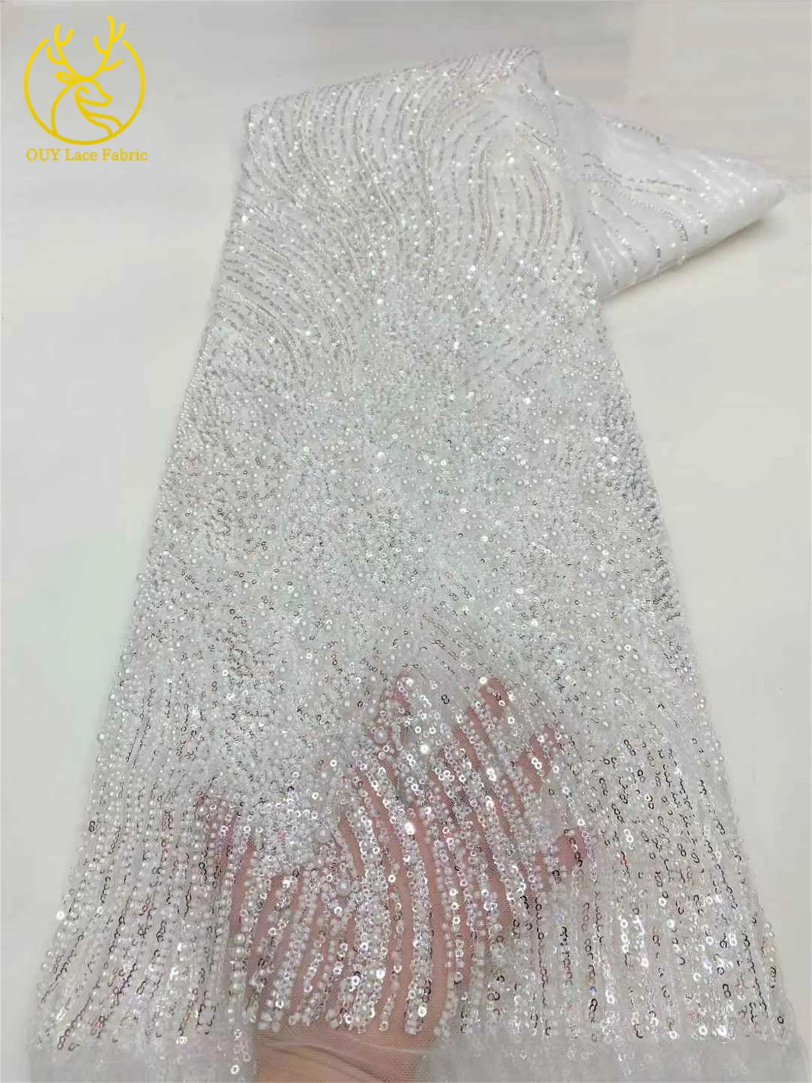 Rosa afrikanischer Bräutigam-Perlenstoff 2026, hochwertiger französischer nigerianischer Pailletten-Tüll-Spitzenstoff für Party, Hochzeit, Kleid, Nähen – Detail 13