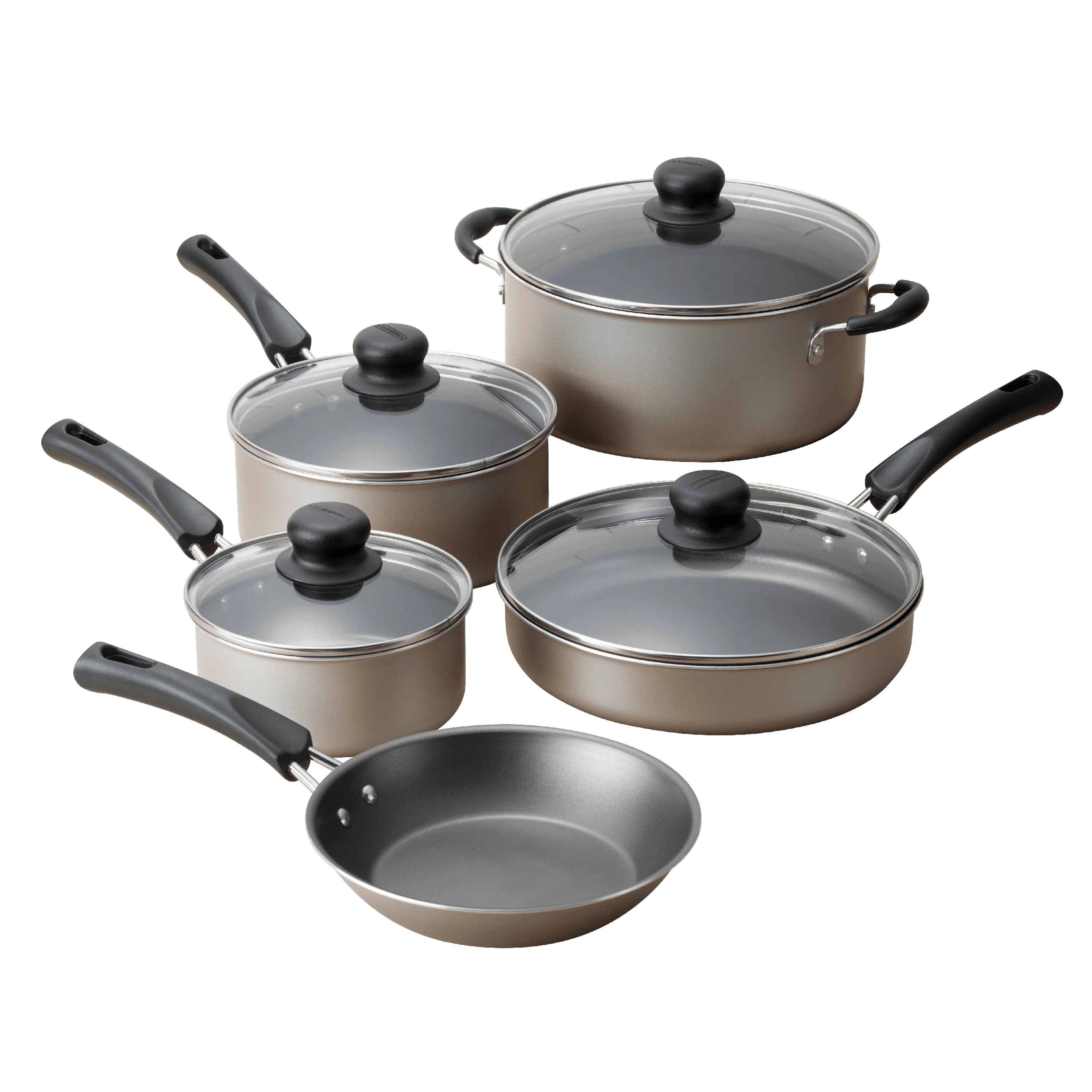 

9 Piece Non Stick Cookware Set Champagne with nonstick interior for easy cooking and cleaning Riveted