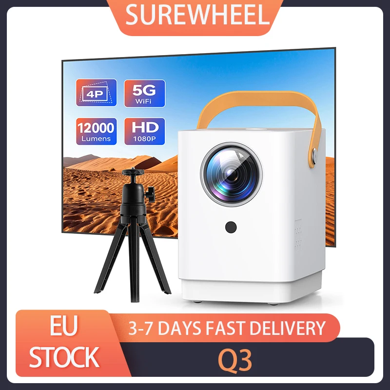 SUREWHEEL Q3 Projector with Tripod FHD 1080P 4K Support 300inch Display 5G WiFi & Bluetooth 5.0 12000 Lumens Keystone Correction