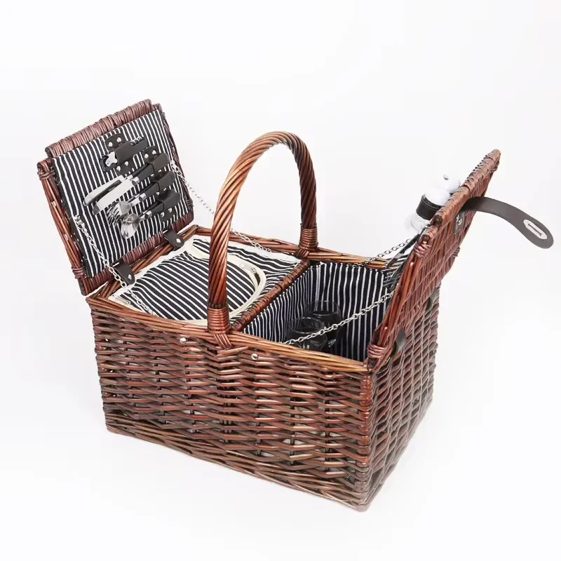 Wicker Picnic Basket with Two Lids Portable Outdoor Storage Container for Food and Drinks Natural Handmade Design