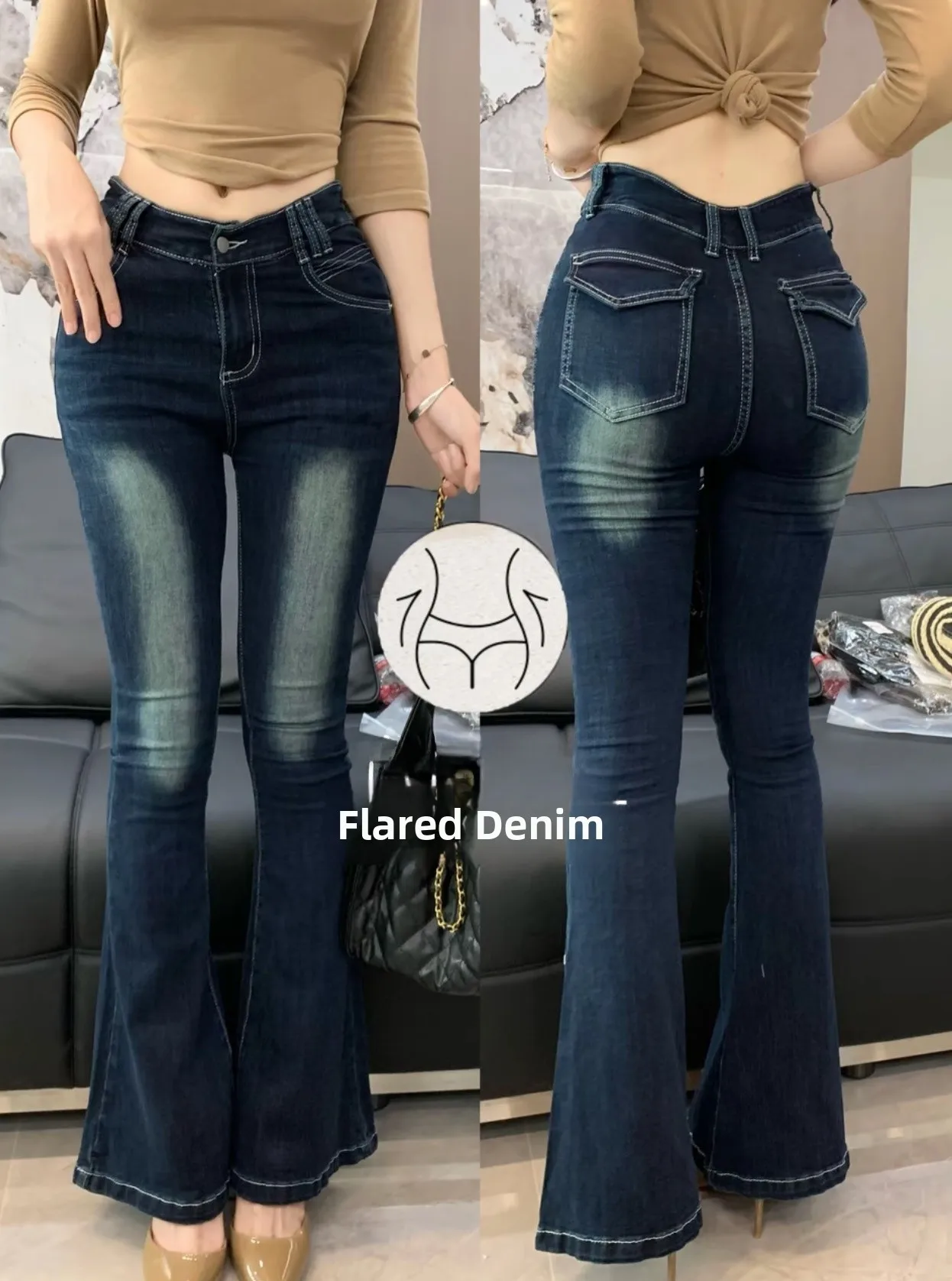 

Женские джинсы с высокой талией, расклешенные, облегающие, эластичные, в корейском стиле, из хлопкового стрейч-денима, буткат, длинные брюки, осенние, синие