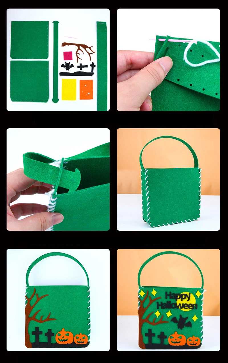 Hand Sewn Halloween Trick or Treat Tote Bags Kids DIY Crafts Kits Sewing Non-Woven Candy Basket Bags Toys Gifts for Children