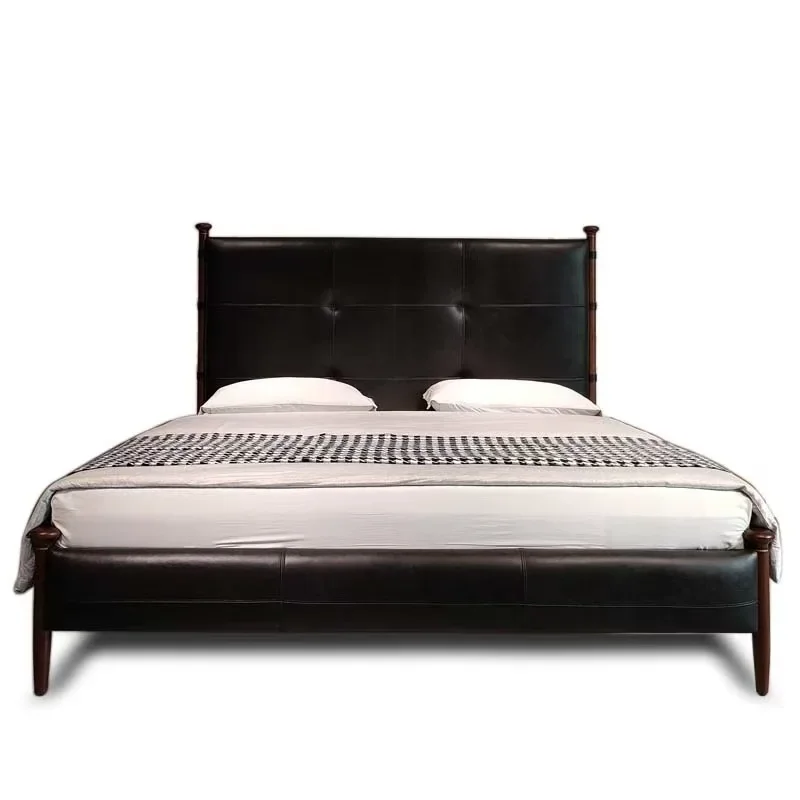 

Medieval leather sycamore bed French retro black master bedroom first layer cowhide Italian minimalist solid wood master