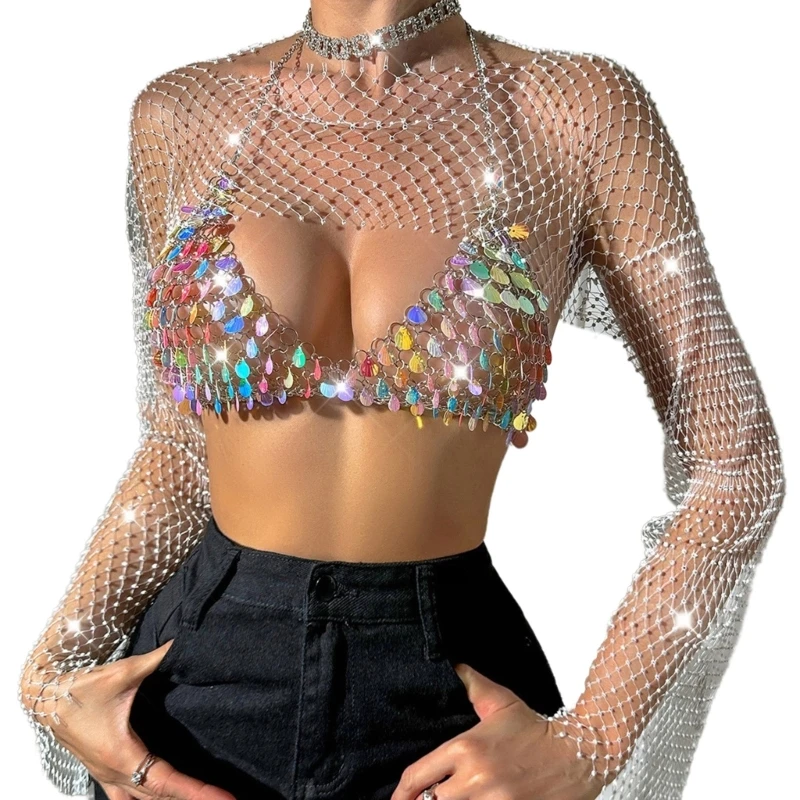 

Elegant Colorful Sequins Halterneck Chest Chain Bra Set with Rhinestones Mesh Long Sleeve Cover Up Crop Top for Women P8DB