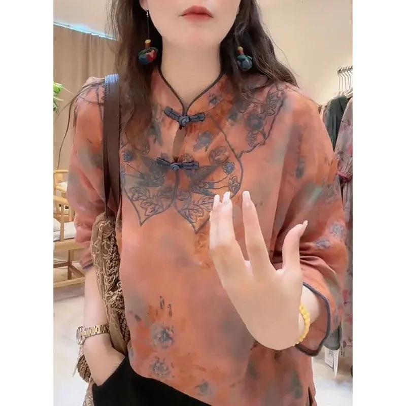 Chinese Style 2024 Summer New Women\'s Clothing Stand Collar Button Printed Elegant Casual Loose Luxury Half Sleeve Shirt Blouse