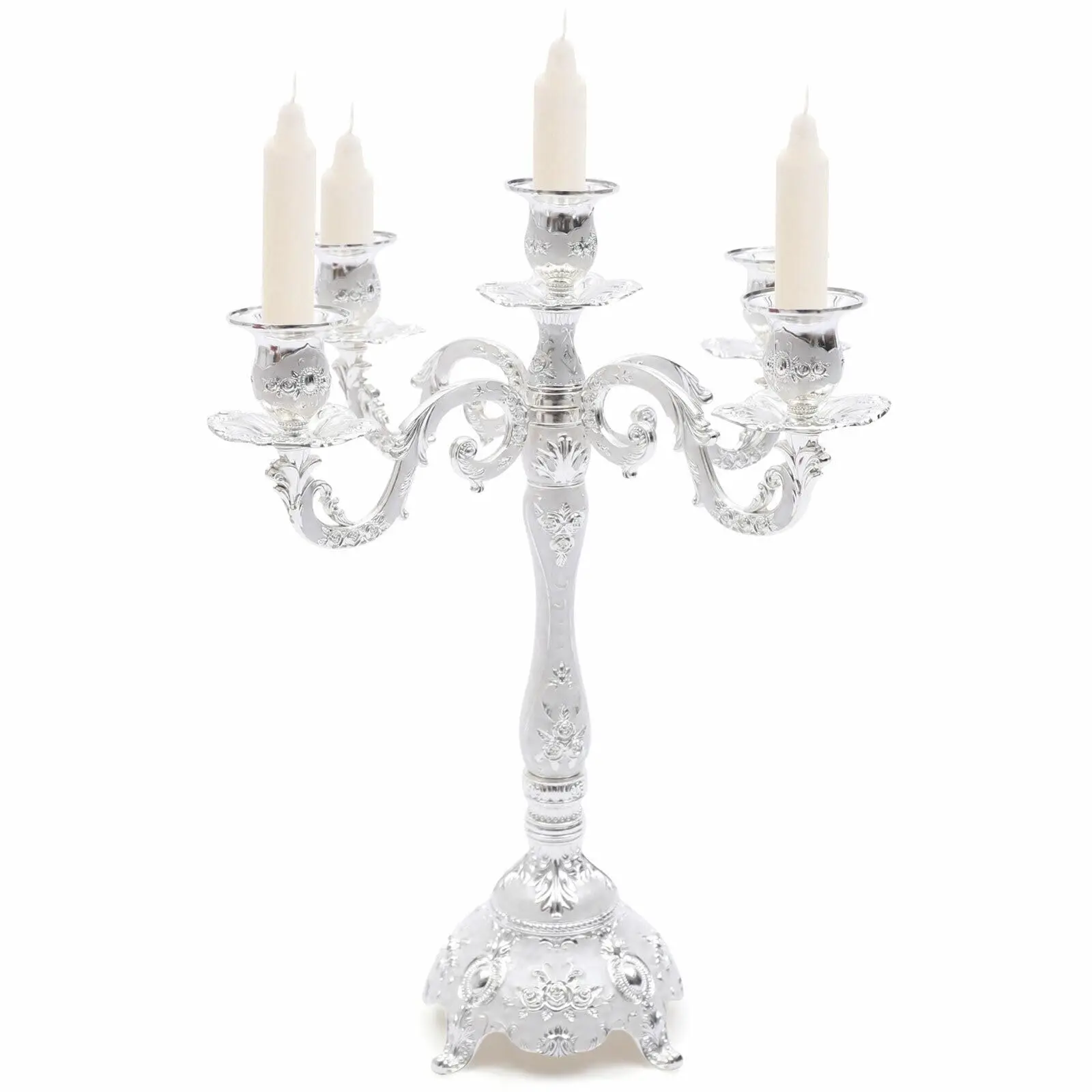 شمعدانات معدنية أنيقة بطول 14.56 بوصة ارتفاع، حامل شموع بـ 5 أذرع، حامل شموع مستدق مع نحت ثلاثي الأبعاد #4