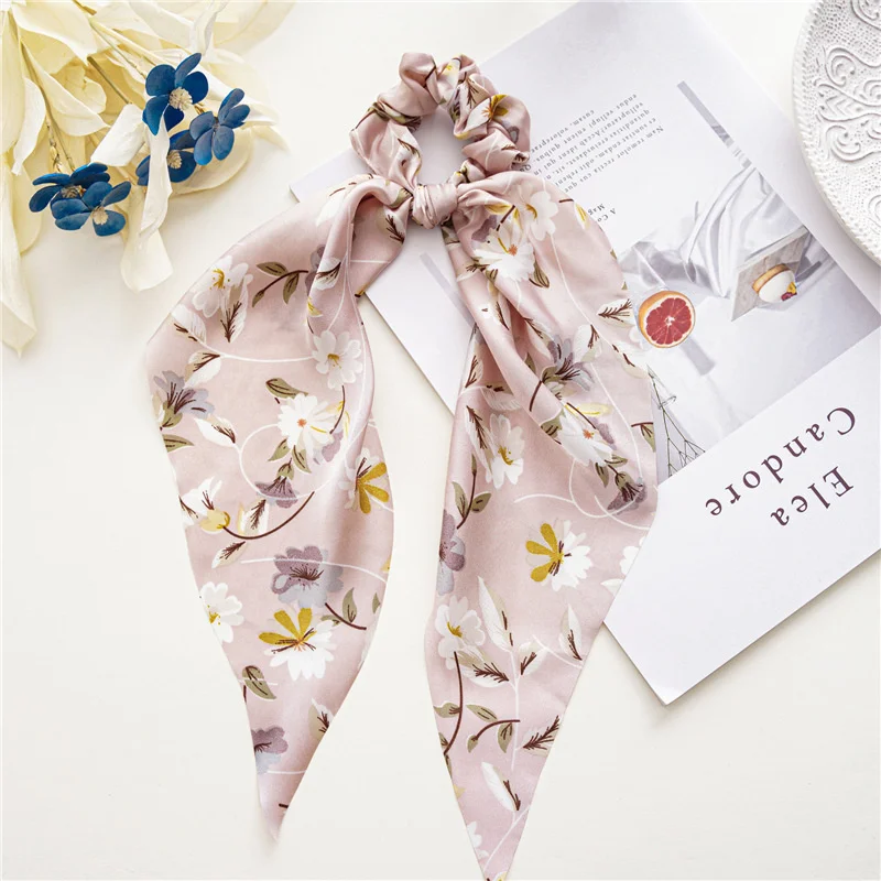 New Fashion Satin Flower Elastic Long Ribbon Hair Bands Ponytail Scarf Hair Tie Women Scrunchies Hair Accessories