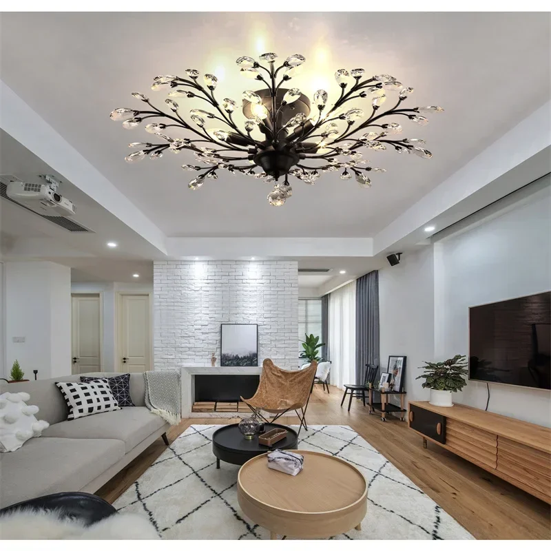American Retro Flower Branch Crystal Ceiling Lights Living Room Dining Room Cafe Bedroom Simple