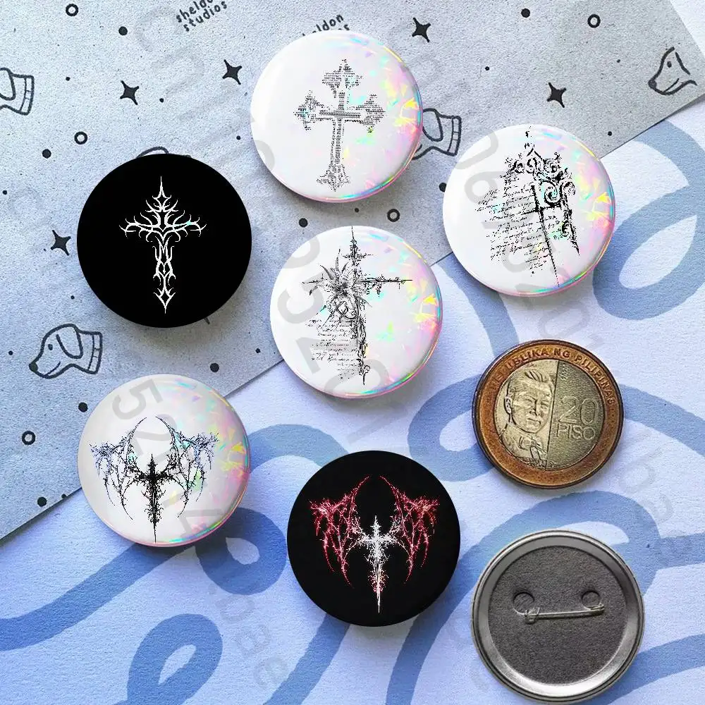 

Cyber Sigil Cross Goth Tinplate Enamel Pins Creativity Printed Pictures Text Metal Lapel Badges Brooches