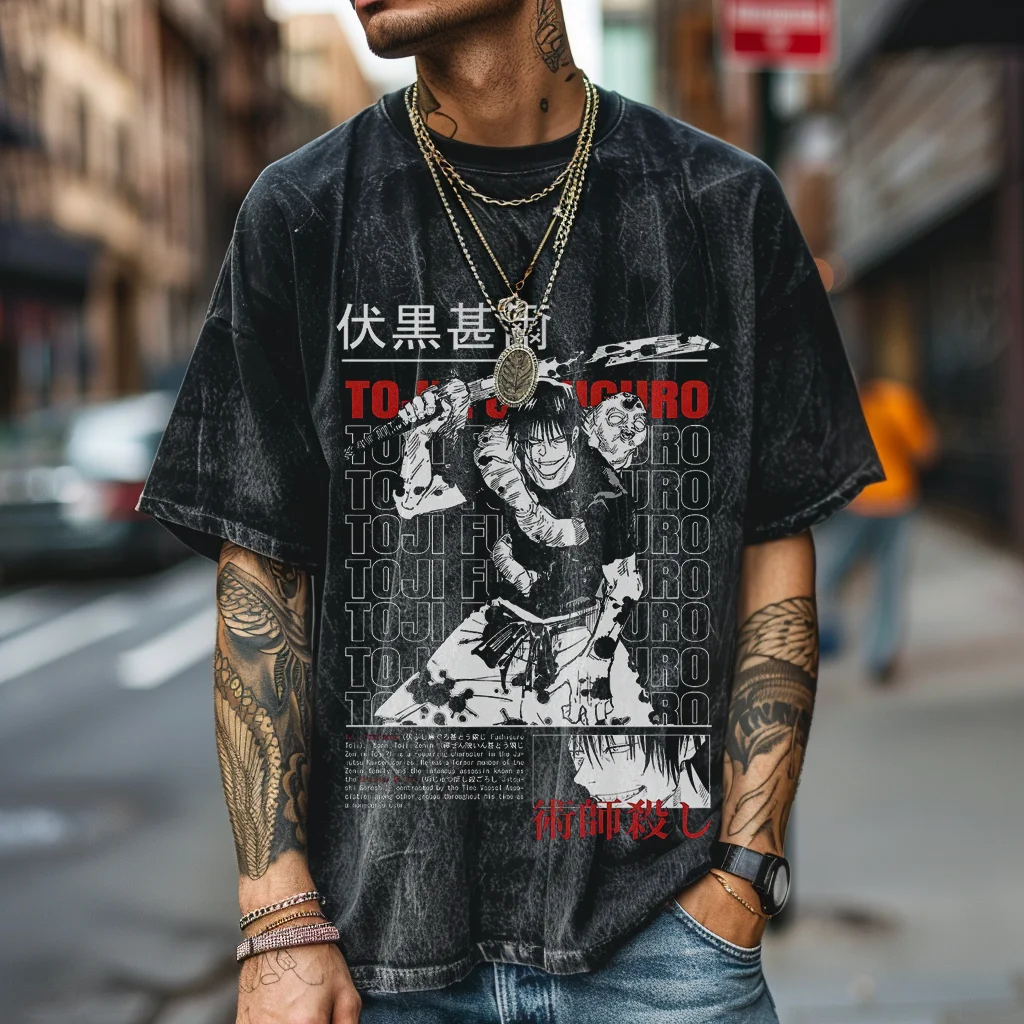 Jujutsu Kaisen Y2K Washed Tshirt, Gojo Satoru And Cat Kitten, Oversized Streetwear Vintage Washed Short T-shirt For Men Women