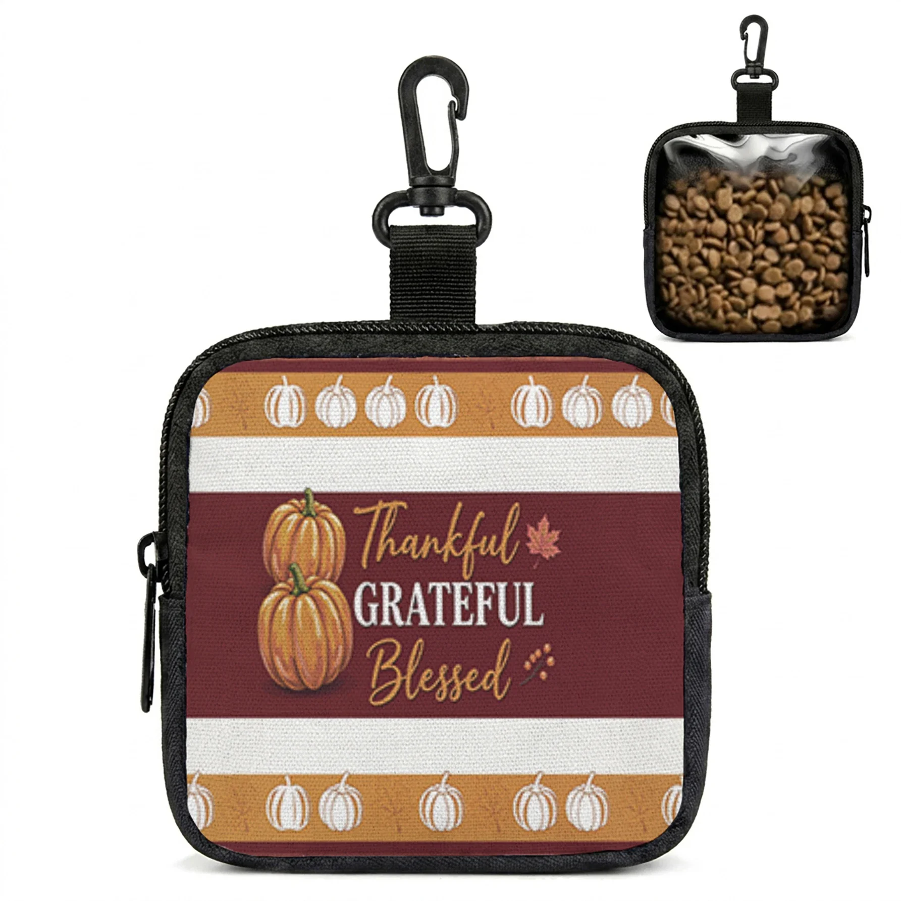 Thankful Grateful Blessed Pumpkin Print Mini Zipper Pouch With Carabiner, Portable Storage Bag For Pet Treats Earphone Coin