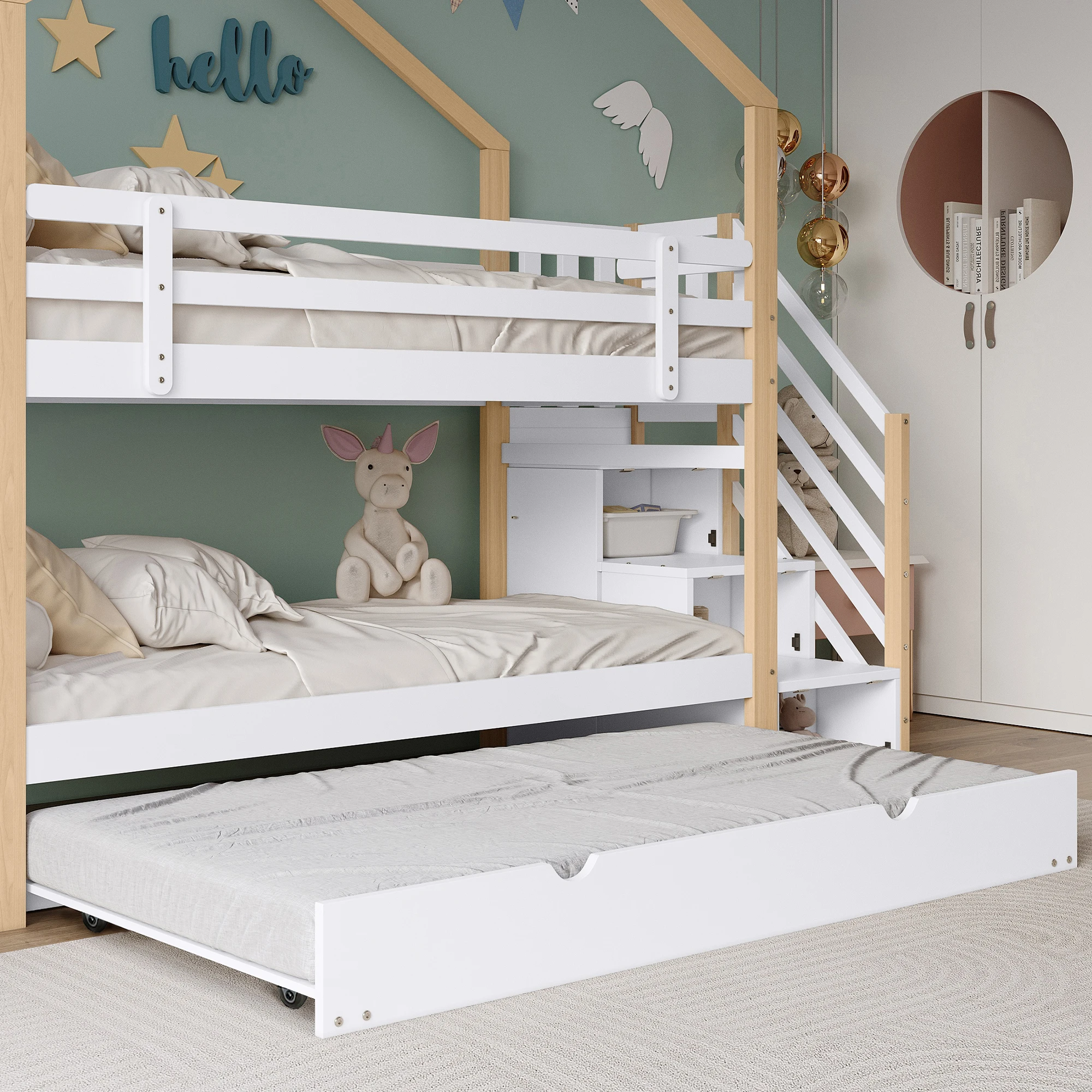 PINGGO Naturweißes Holzhausbett 90x200+90x190cm Kinder-Etagenbett mit Rutsche, Treppe, 3 Schubladen, Sicherheitsgeländer, ohne Matratze – Detail 3