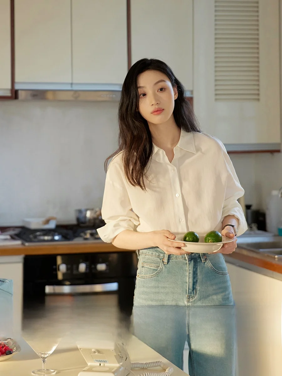 

GINNKEE Женская белая шелковая длинная све Свободная одежда для поездок на работу Sle Базовая универсальная осенняя женская одежда премиум-класса Faion