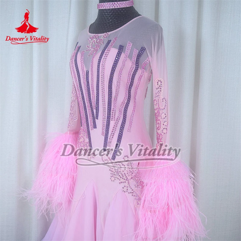 Adult Pink-purple Gradient Color Social Dance Ostrich Feather Long Flared Sleeves Big Swing Dress for Female High-end Customized