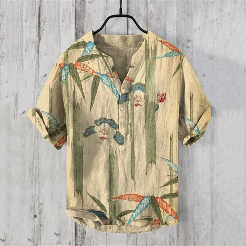 Text 3D digital printing men's casual linen shirt men's short-sleeved V-neck shirt cross-border men's three-breasted shirt