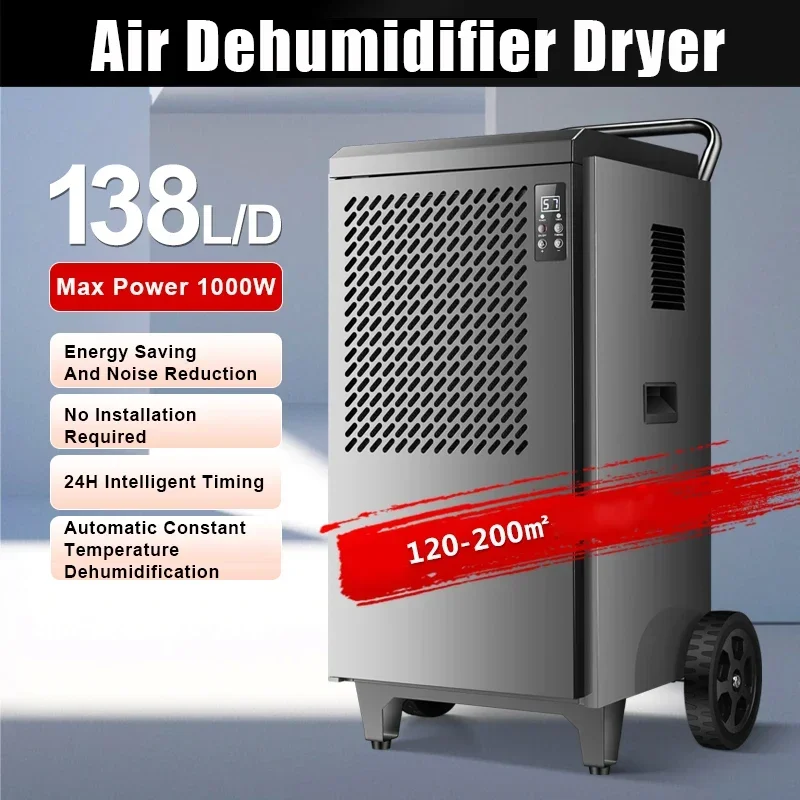 138L/day Industrial Commercial Dehumidifier Intelligent Efficient Dehumidification Multi-protection Air Dryer for 1-12H Timing