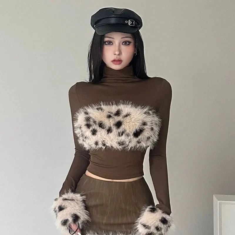 Leopard Patchwork Women T Shirt Autumn Half Turtleneck Long Sleeve Slim Crop Top Y2K American Streetwear All Match Tees Female