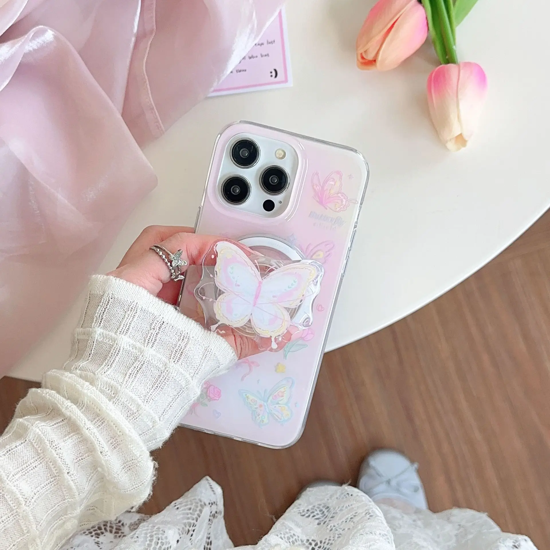 Magnetic rose butterfly phone case with holder For iPhone 11 12 13 14 15 16 17 Pro max