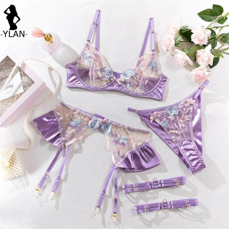 

Fairy Sexy Lingerie Floral Embroidery Transparent Underwear Ruffles Intimate Delicate Underwear Beautiful See Through Bra Set